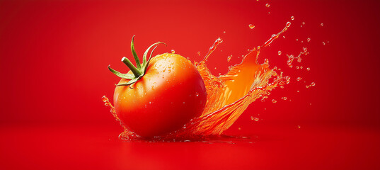 A fresh tomato splashes into red juice, captured mid-air on a vivid red background. © Ina Krel