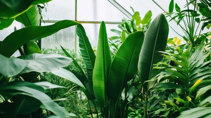 Lush green foliage fills a bright greenhouse.