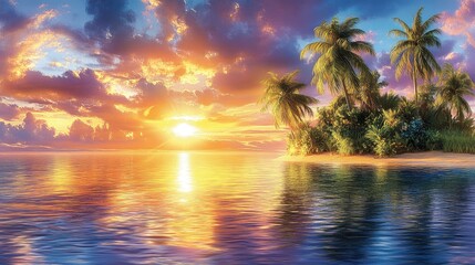 Tropical island paradise at sunset.