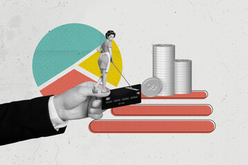 Poster sketch 3D photo collage of hand hold credit bank card pile coins rich wealth bank salary...