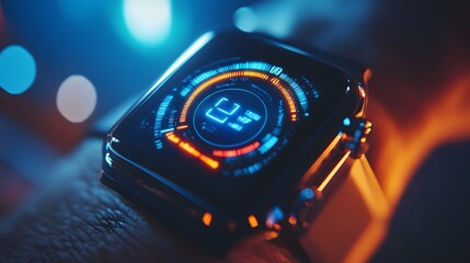 Technological Timepiece: A futuristic smart watch displays digital interface on wrist, featuring a dynamic, illuminated screen against a backdrop of modern technology