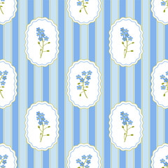 Coquette trellis myosotis in frames, floral seamless pattern on striped background. Vector Illustration