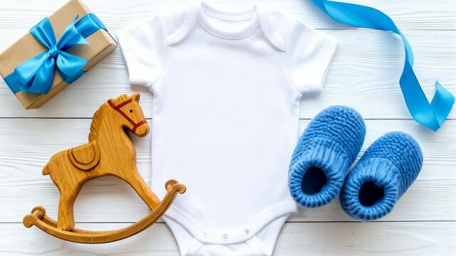 Newborn baby boy concept with a white onesie, blue booties, a gift box, a blue ribbon, and a wooden rocking horse arranged on a white wooden background.
