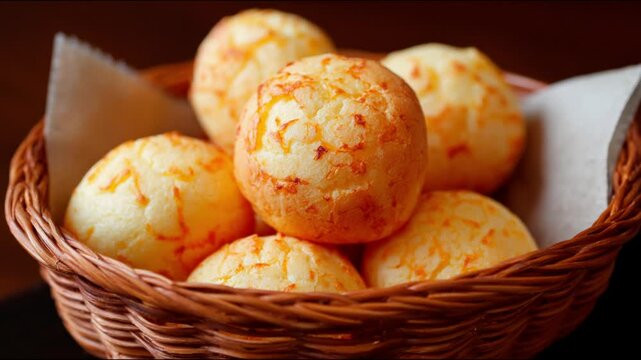 Warm cheese bread rolls in a basket.