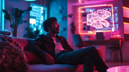 Futuristic Interior with a Person: A man immersed in a world of innovation, surrounded by sleek technology and vibrant neon lighting, embodying the essence of futuristic living.