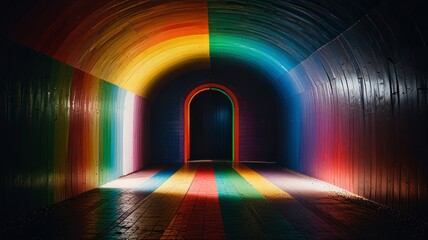 Deep tunnel illusion made of alternating rainbow-colored stripes.