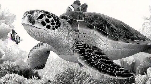 Sea turtle encounters with clownfish, underwater ecosystem monochrome abstract pattern
