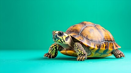 Yellow-marked turtle on teal background, facing left, slightly angled