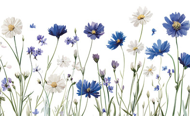 A vibrant mix of blue and white flowers swaying gently in a sunlit garden.