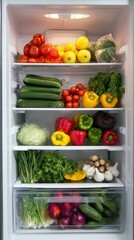 Fresh vegetables and green herbs in a refrigerator on the shelves - typical fridge of a vegetarian