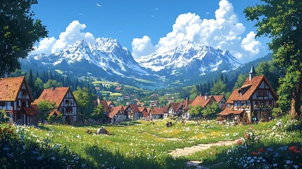 Obraz premium Idyllic village nestled in a valley with snow capped mountains and lush greenery
