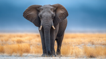 A large adult African elephant is centered in a grassy savanna.