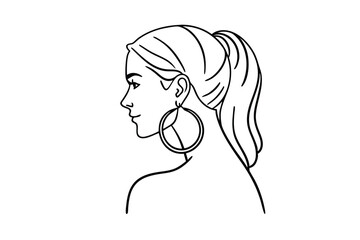 Minimalist line drawing of a woman with ponytail and large hoop earrings on white background