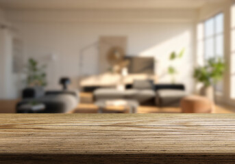 Wooden tabletop set in a cozy living room with modern furniture and bright natural light streaming...