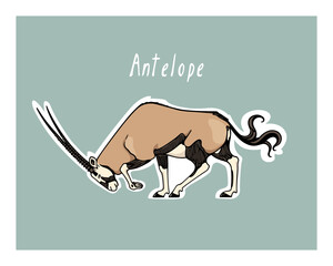 Vector card with hand drawn graceful oryx with its head down. Ink drawing, graphic style. Beautiful wild animal illustration, logo template