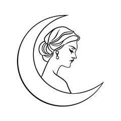 Elegant woman profile silhouette within the crescent moon shape black and white illustration