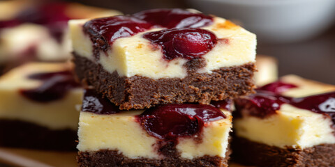Closeup of a delicious cherry cheesecake brownie stack