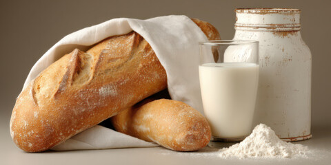 A freshly baked white milk loaf on a rustic white towel, surrounded by a milk can and a poured glass of milk and sprinkled with flour