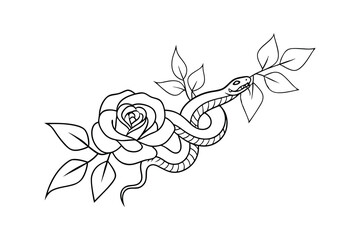 Elegant monochrome tattoo design featuring a snake coiled around a rose with leaves