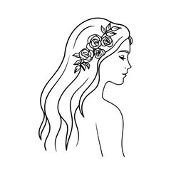 Elegant line art portrait of a woman adorned with floral hair accessories