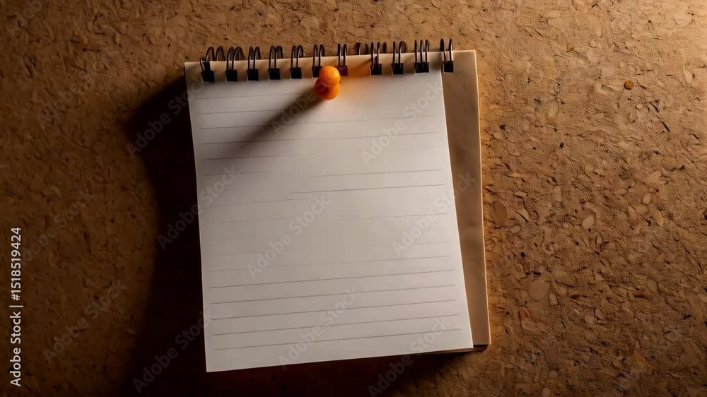 Poster lined notepad with wire binding and an orange pushpin on a textured craft paper surface for notes an