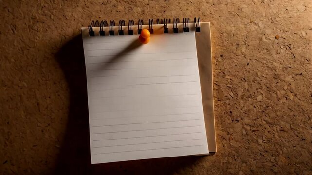 Lined notepad with wire binding and an orange pushpin on a textured craft paper surface for notes and creative ideas