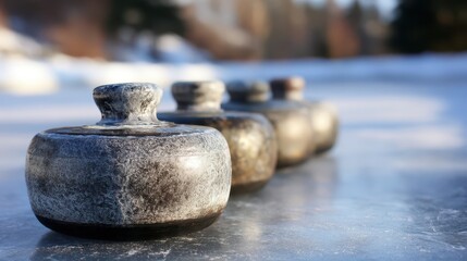 Several stones for the winter sport, in a row.