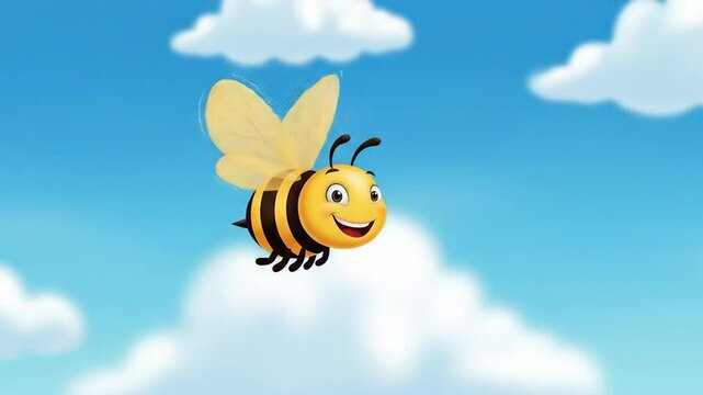 Cartoon bee flying happily in the blue sky
