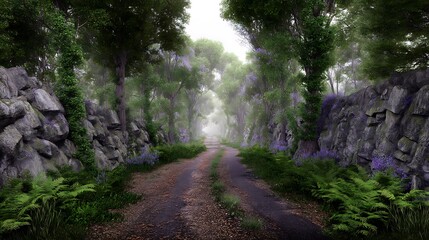 Obraz premium Misty path through a blooming forest