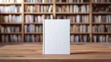 A blank book standing upright on a wooden table with a blurred bookshelf background, ideal for cover design presentations and marketing. mockup