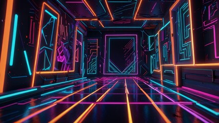 Geometric abstraction with zigzagging lines and neon 3D effects.