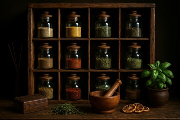 Rustic herbal apothecary with wooden shelves and glass jars filled with colorful dried spices and herbs