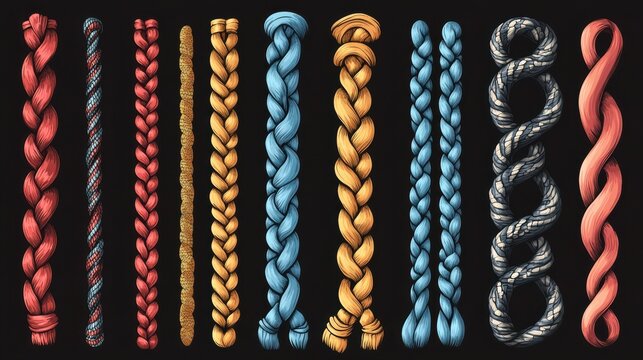 Plaits and braids pattern brushes. Knitting, braided ropes vector isolated collection illustration , no logos, no brands