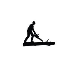 Silhouette of a worker using a chainsaw on a wood log on white background