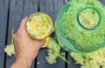 champagne from elder flowers. Selective focus.