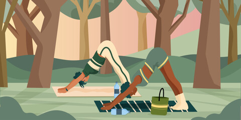 Deux jeunes femmes multiethniques qui pratiquent ensemble du yoga en forêt, sur un tapis de yoga. Activités en extérieur relaxante, sport entre femmes - Développement personnel, environnement naturel  - obrazy, fototapety, plakaty