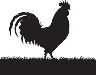 Vector illustration. Black silhouette of a rooster standing on one leg. Isolated on a white background.