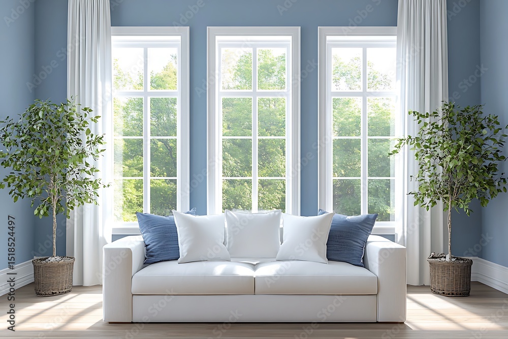 Poster blue empty room with window and parquet floor. 3d rendering