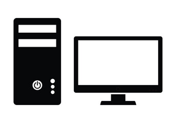 A minimalist black and white computer tower and monitor, representing desktop computing, office technology, and digital workstations.