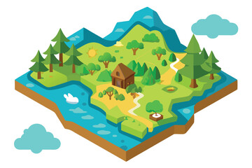 Isometric Cartoon Landscape With House Trees Mountain River And Clouds Illustration