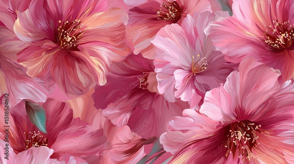 Aufkleber pink flowers painted in an abstract style create a smooth pattern. it looks like it was hand-drawn w