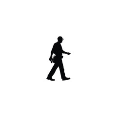 Obraz premium Silhouette of a worker walking with toolbelt on white background