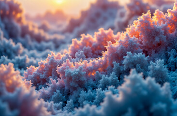 Colorful crystalline formations illuminated by sunset glow on a serene landscape