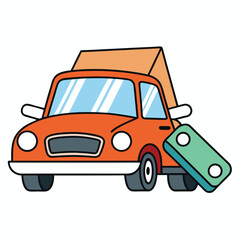 Naklejka premium Orange Cartoon Delivery Car With Package And Suitcase Illustration