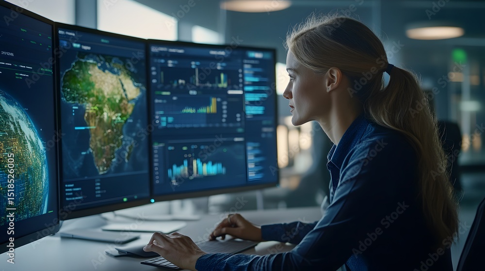 Poster data analyst at work: a focused data analyst engrossed in her work, monitoring complex datasets and 