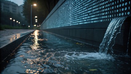 Digital data cascade a conceptual representation of technology and nature intertwined illuminated by evening streetlights in an urban environment