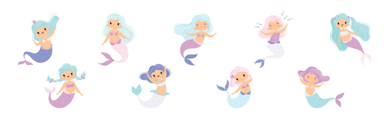 Cute Mermaid Girl with Wavy Hair and Fish Tail Vector Set