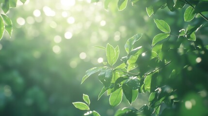 Sunlight filters through fresh green leaves, creating a serene and dreamy natural background with bokeh effect