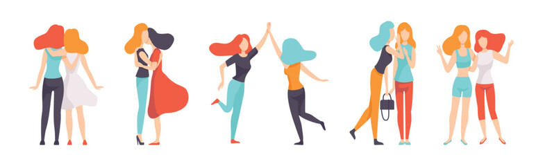 Young Woman Friend Character Spend Time Together Vector Set