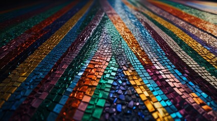 Hypnotic mosaic design with shimmering rainbow hues and reflections.